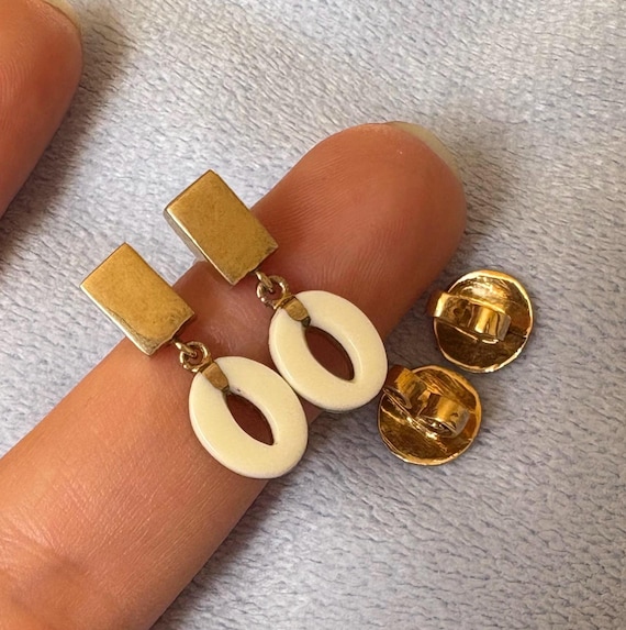 Antique 14K Solid Gold Dangle Stud Gemstone inlay… - image 8