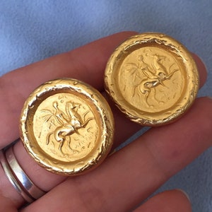 Vintage Etruscan Earrings Brushed Gold Matte Gold Omega back Paquette