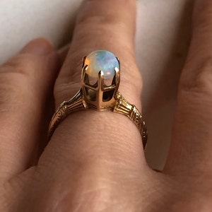 Antique Fire Opal Filigree Mount 14K Gold Ring Opal Solitaire Ring Size 6 High Setting
