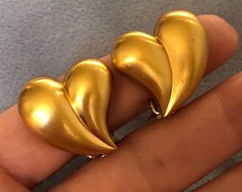 Vintage Carolee Clip on Earrings Puffy Heart Earrings Matte Gold toned