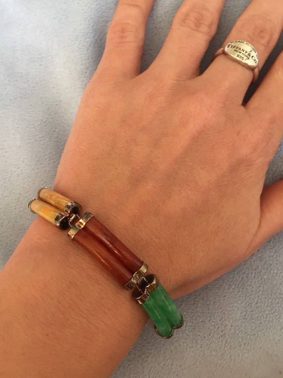 Vintage Sterling Silver Multi-color Double Row Chinese Jade