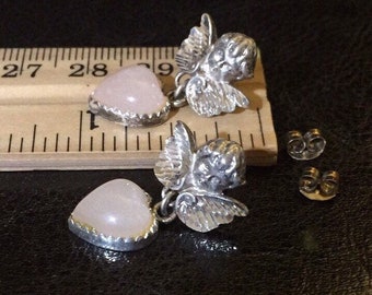 Vintage Sterling Silver Cherub Angel Earrings W/Rose Quartz Gemstone Hearts