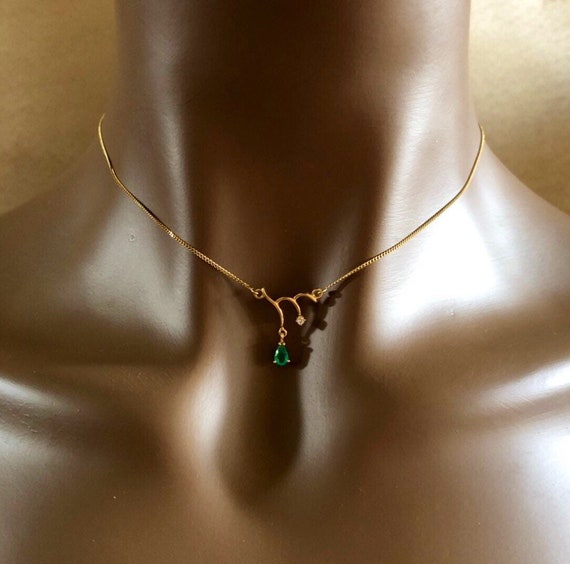 18K Solid Gold Emerald & Diamond Drop Choker Neck… - image 7