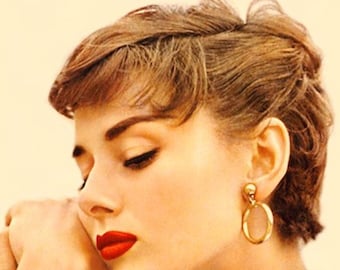 Rare Audrey Hepburn's Style 14K Solid Gold Dangle Hoops Vintage 1950's Earrings