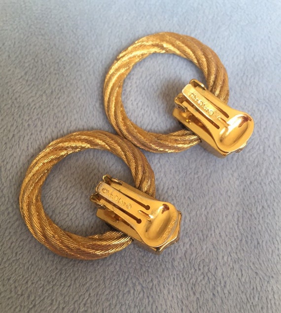 Vintage Christian Dior Rope Hoop Earrings, Pave Crystal Clip-ons