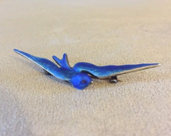 Antique Sterling silver Blue Enamel Swallow bird Red Eye Pin Brooch
