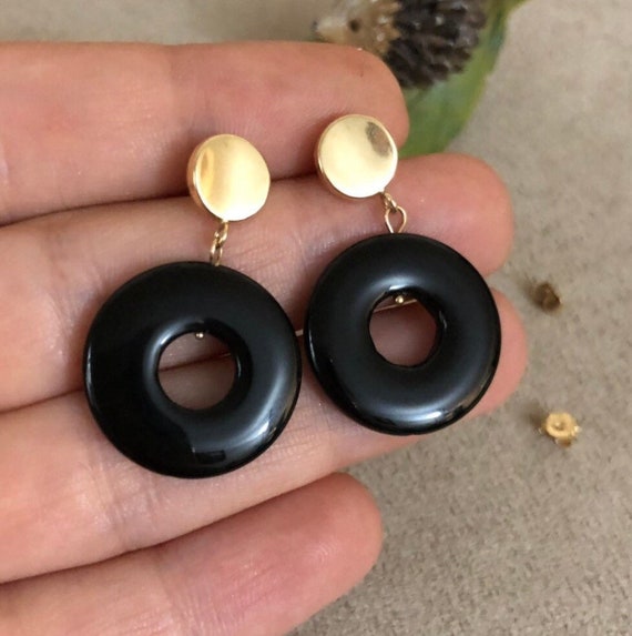 14K Solid Gold & Onyx Disk Hoop Earrings - image 5