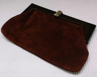 Vintage Art Deco style Italian suede clutch bag Red Wine W/faux tortoiseshell frame