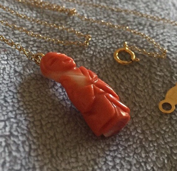 Vintage Antique Carved 14K Salmon Coral Geisha pe… - image 2