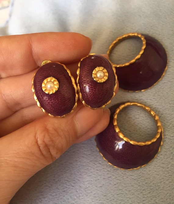 Vintage Guy Laroche Enamel Purple Hoop Earrings M… - image 1