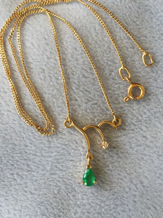 18K Solid Gold Emerald & Diamond Drop Choker Neck… - image 2