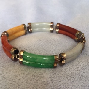 Vintage Sterling Silver Multi-Color double row Chinese Jade Bracelet 7” Happiness