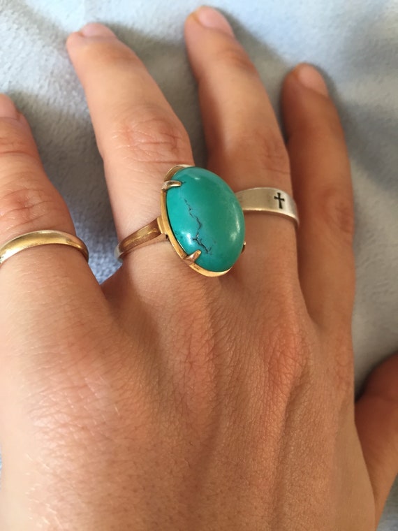 14K Solid Gold Large Turquoise Ring 6.5 - image 4
