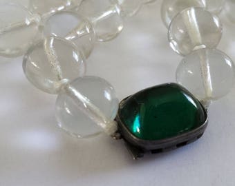 Art Deco Rock Crystal Necklace W/Serling Silver Green Rock Crystal Clasp