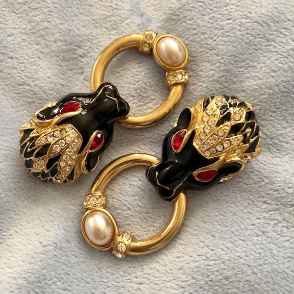 Vintage 1980 Runway Couture earrings Ruby Eyed Lion Head bijoux Enamel Door knockers Huge Earrings