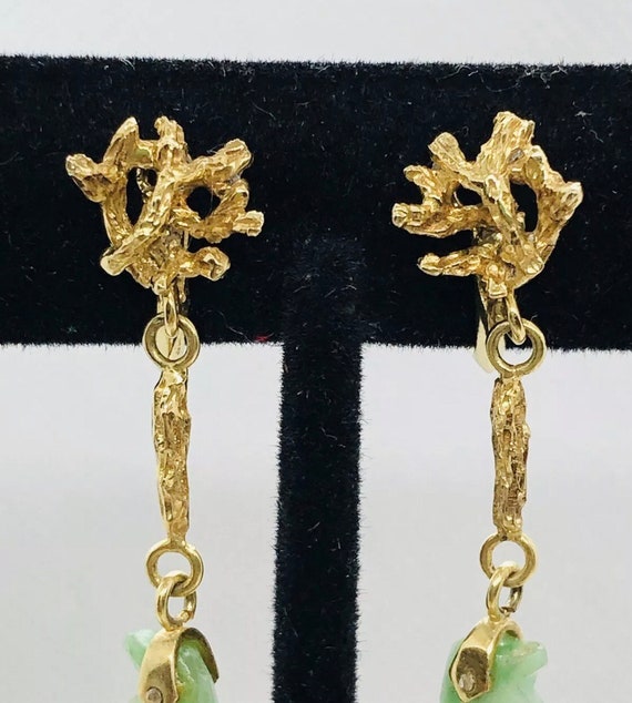 Art Deco 14K Solid Gold Moss Snow Jade Earrings s… - image 8