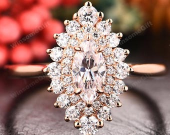 Marquise Cut 4x8mm Moissanite Women&#39;s Ring, 14K Solid Rose Gold Engagement Ring, Halo Ring, Plain Wedding Band, Bridal Ring, Promise Ring