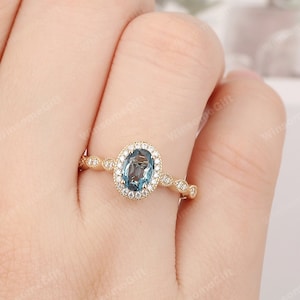 Oval Cut 5x7mm Natural London Blue Topaz Engagement Ring, Halo Design, Half Eternity Wedding Ring, 14K Solid Gold Women&#39;s Ring, Daily Ring
