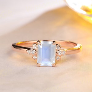 Ring in Rose Gold, Moonstone Engagement Ring, Emerald Cut 5x7mm Moonstone Ring, Gemstone Ring, Anniversary Ring, Bridal Promise Ring