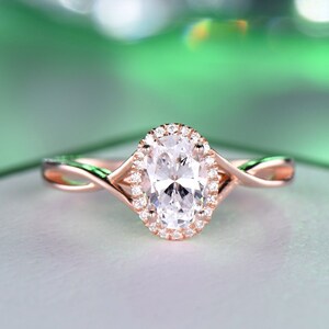 Art Deco Twist Band Ring, Halo 5x7mm 1.0CT Oval Cut Moissanite Ring, Antique Natural Diamond Engagement Ring, Solid Gold Wedding Set Ring