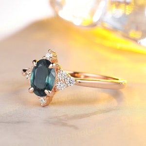 Oval Cut Natural Teal Sapphire Engagement Ring, 14k Solid Rose Gold Wedding Ring, Anniversary Ring, Daily Ring, Statement Ring, Cluster Ring