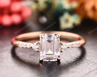 5x7mm Moissanit Verlobungsring, 14K Rose Gold Damenring, Smaragdschliff Moissanite Verlobungsring, einzigartiger Ring, Versprechen Brautring, Jahrestagsgeschenk für sie