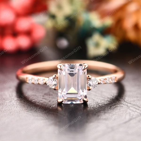 5x7mm Emerald Cut Moissanite Engagement Ring, 14K Solid Rose Gold Women's Ring, Unique Ring, Promise Bridal Ring, Anniversary Gift For Her