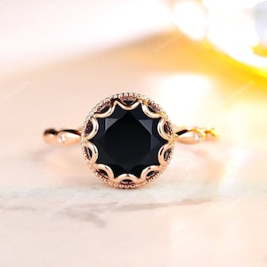 Black Gemstone Ring,8mm Round Cut Natural Black Onyx Engagement Ring, Anniversary Gift For Women, Handcrafted Ring, Bezel Set Wedding Ring