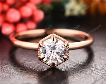 6mm Round Cut Moissanite Engagement Ring, Plain Wedding Band, Solitaire Ring, Delicate Ring, Rose Gold Wedding Ring, Art Deco Ring For Her