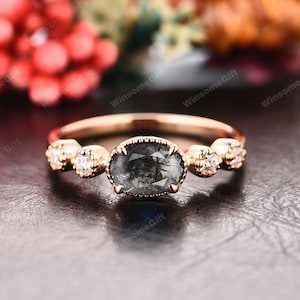 1CT Oval Cut Natural Herkimer Diamond Engagement Ring,Galaxy Raw Salt & Pepper Diamond Wedding Ring,Black Gem Ring Rose Gold,Gift For Women