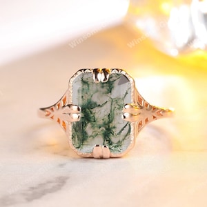 Emerald Cut Natural Moss Agate Engagement Ring, 14K Solid Rose Gold Green Stone Ring, Anniversary Ring, Bridal Promise Ring, Bezel Setting