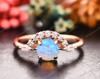 Delicate Bridal Ring, 6mm Round Cut Blue Opal Engagement Ring, 14k Solid Rose Gold Women's Wedding Ring, Dainty Anniversary Gift For Her