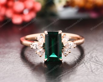 Vintage Style Engagement Ring, May Birthstone Emerald Wedding Ring, 5x9mm Emerald Cut Emerald Ring, 18K Solid Rose Gold Promise Bridal Ring