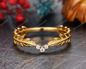 Trouwring, Leaf Band Ring, Stapelen Matching Ring, Verjaardagsring voor vrouwen, Solid Gold Ring, Moissanite Accent Ring, Trouwring