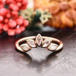 Marquise Cut Natural Moonstone Wedding Band, Curved Bridal Wedding Ring, Solid 14k Rose Gold Promise Ring Anniversary Gift For Lover