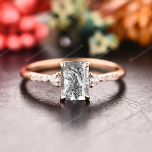Galaxy Raw Salt & Pepper Diamond Ring,Emerald Cut Natural Herkimer Diamond Wedding Ring,Black Gem Ring,Daily Ring,Anniversary Gift For Women