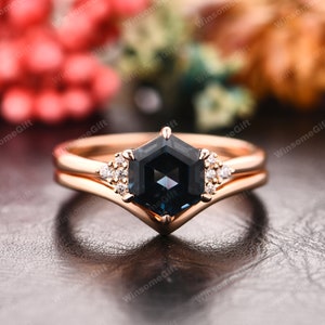 14k Rose Gold Bridal Ring Set Hexagon Cut Natural London Blue - Etsy