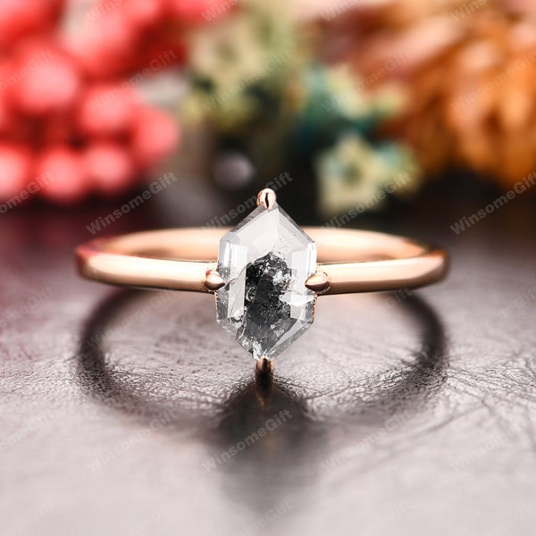 Galaxy Raw Salt & Pepper Diamond Ring,5x9mm Long Hexagon Cut Natural Herkimer Diamond Engagement Ring,Solitaire Prong Set Ring,Gift For Her