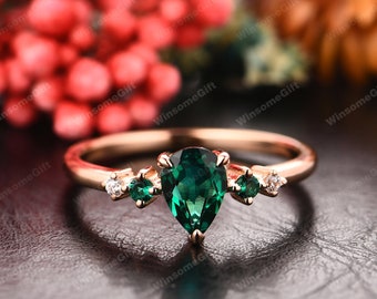 Pear Cut 5x7mm Emerald Engagement Ring, 14K Rose Gold Green Stone Wedding Ring, Promise Emerald Art Deco Bridal Ring, May Birthstone Ring