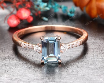 Birthstone Ring,5x7mm Emerald Cut Natural Aquamarine Engagement Anniversary Ring, Blue Gemstone Wedding Ring, White Gold Ring, Promise Ring