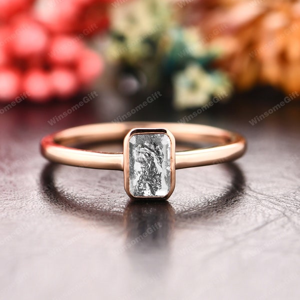 Bezel Set Ring,Emerald Cut 4x6mm Galaxy Raw Salt & Pepper Diamond Engagement Ring,Natural Herkimer Diamond Ring,Anniversary Gift For Women