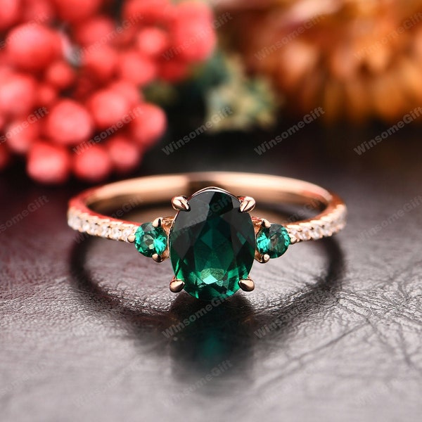 Oval Cut 6x8mm Emerald Engagement Ring, Rose Gold Bridal Ring, Green Stone Ring, Promise Wedding Ring, Emerald Ring, Art Deco Women's Ring