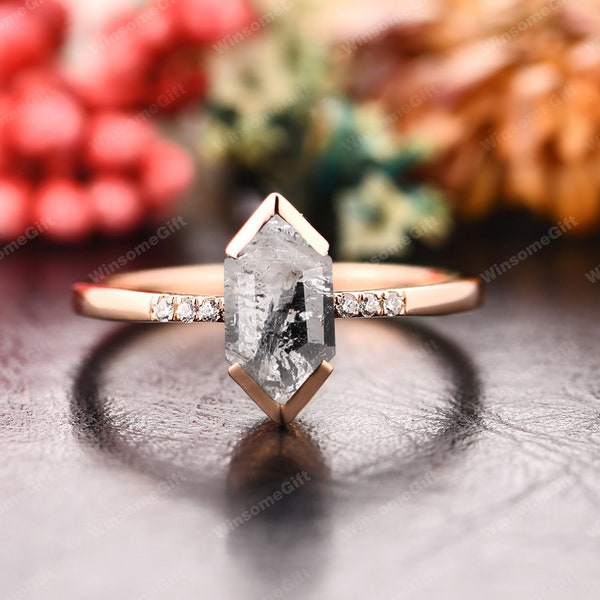 Long Hexagon Cut 5x9mm Galaxy Raw Salt & Pepper Diamond Engagement Ring,Natural Crystal Wedding Bridal Ring,Half Bezel Ring Rose Gold