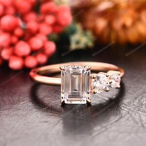 Solid 18K Rose Gold Engagement Ring Emerald Cut 2CT Moissanite Promise Bridal Ring Anniversary Gift For Women, Delicate Ring, Art Deco Ring