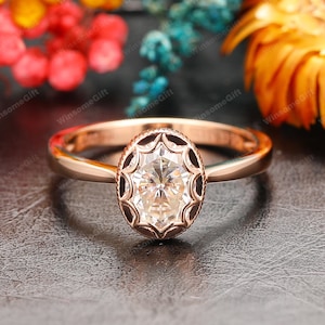 6x8mm Oval Cut Moissanite Engagement Ring, 14k Solid Rose Gold Bezel Setting Ring, Anniversary Gift For Her, Solitaire Ring, Vintage Ring