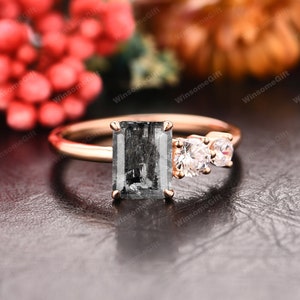Emerald Cut 6X8mm Galaxy Raw Salt & Pepper Diamond Engagement Ring,Natural Crystal Wedding Ring,Black Gem Ring,Daily Ring,Birthday Gift