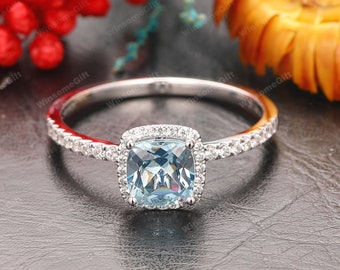 6mm Cushion Cut Natural Aquamarine Gemstone Ring, 14k Solid White Gold Bridal Wedding Ring, Half Eternity Women's Ring, Blue Stone Ring