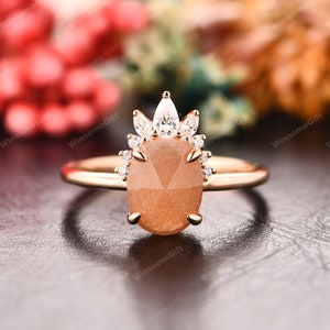 Oval Cut 9*7mm Natural Sunstone Engagement Ring, 18K Solid Rose Gold Delicate Women's Ring, Anniversary Gift For Her, Orange Stone Ring