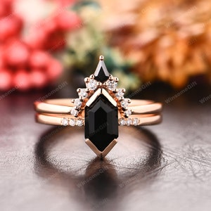 14K Solid Rose Gold Ring Set, Long Hexagon Cut Natural Black Onyx Engagement Ring, Anniversary Ring, Promise Bridal Ring Set, Black Stone