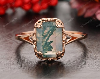 Omlijsting, Emerald Cut Natural Moss Agate Verlovingsring, 18K Rose Gold Green Stone Trouwring, Verjaardagsring, Promise Bridal Ring